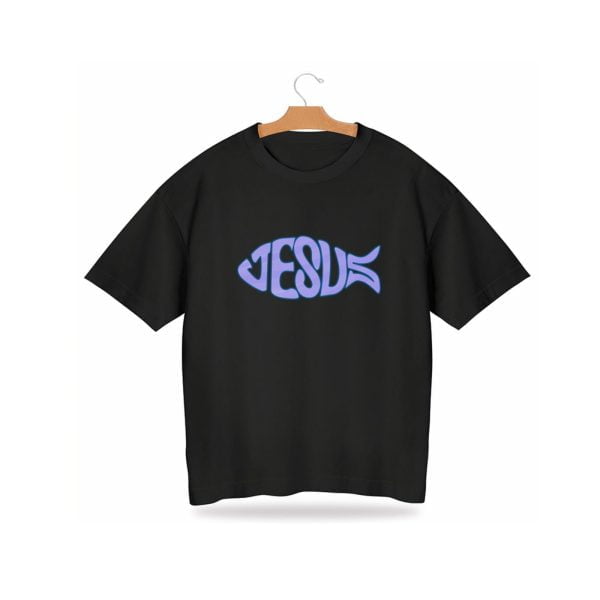 Infantil - Blusa Camiseta Preta Juvenil peça Estampada Jesus Fish Camisa Over