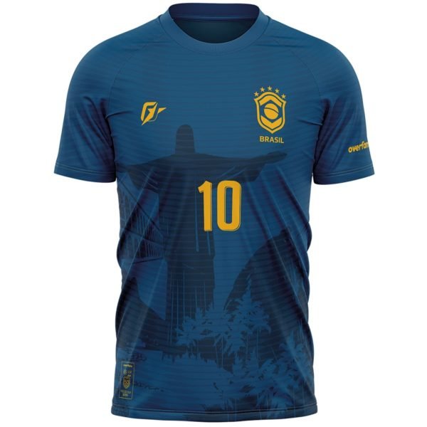 Camiseta Filtro UV Brasil Canarinho Azul Cristo Redentor