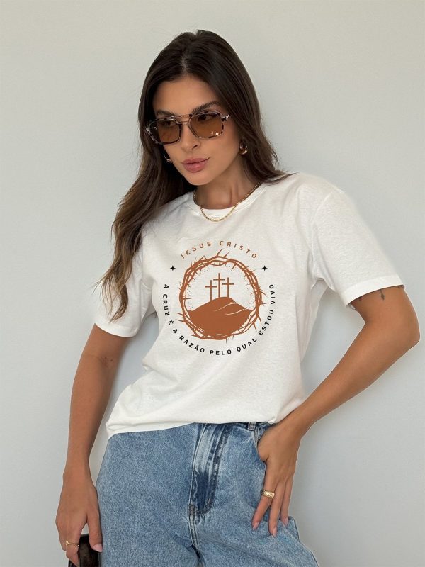 Camiseta Cianitas Off White Estampa Jesus Cristo